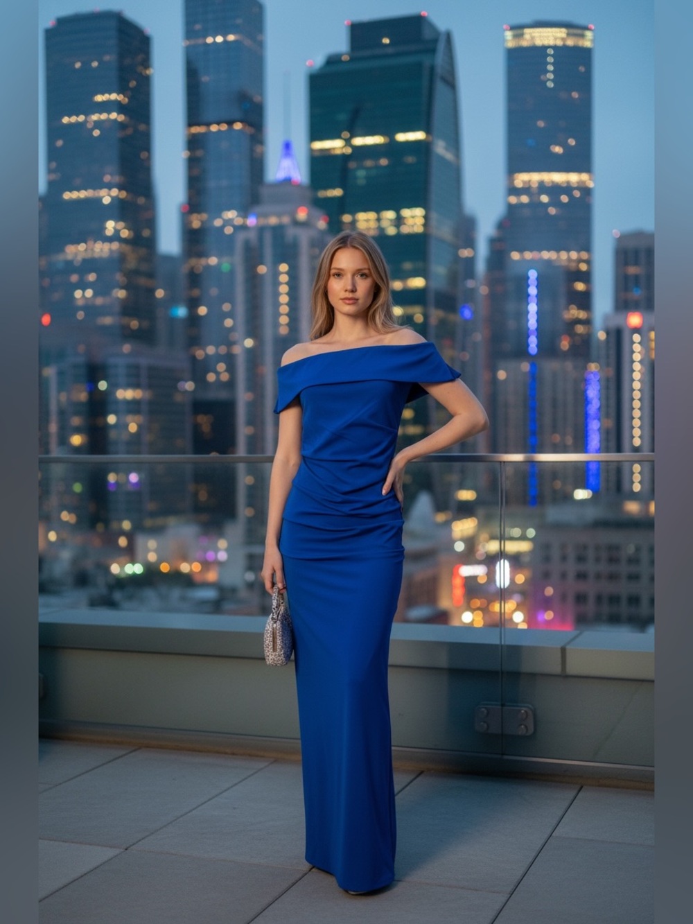 NWT Vince Camuto Sz 2 Off-Shoulder Ruched Column Maxi Gown Dress Cobalt Blue